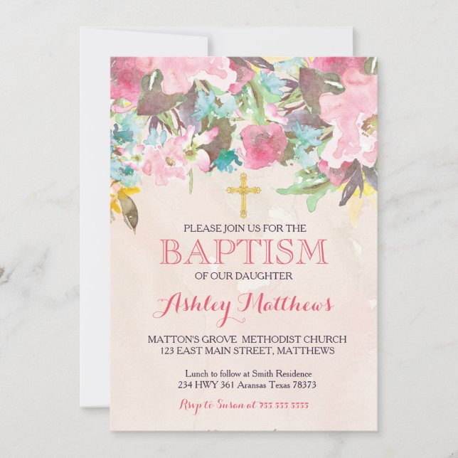 Beautiful Pink Floral BAPTISM Invitation (Front)