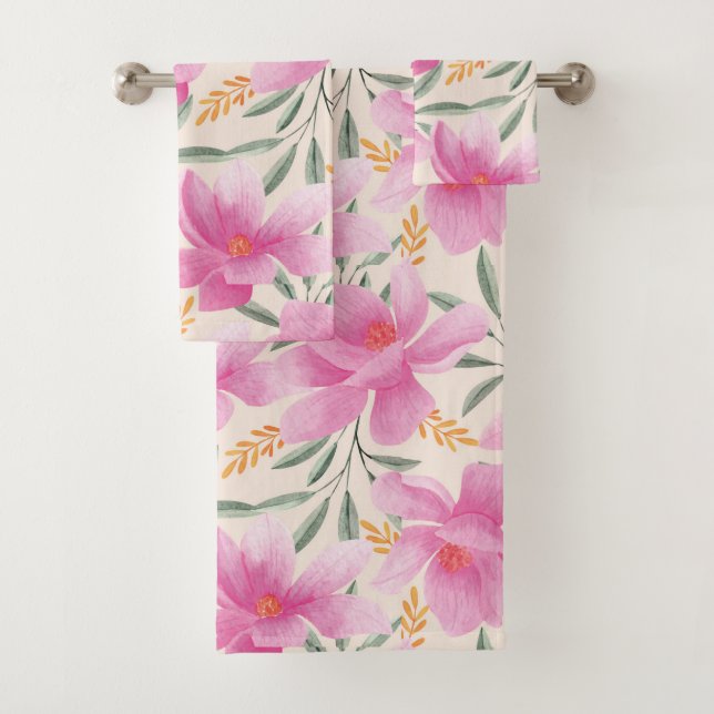 Beautiful Pink Floral Bath Towel Set (Insitu)