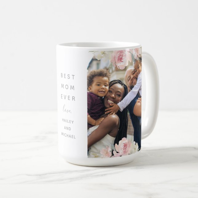 Beautiful Pink Floral Best Mum Ever Two Photo Coffee Mug (Front Right)