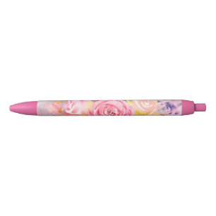 Beautiful Pink Floral  Black Ink Pen