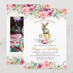 Beautiful Pink Floral Bunny 1st Birthday Photo Invitation