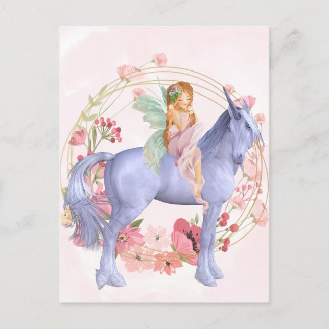 Beautiful Pink Floral Fairy and Unicorn Postcard (Front)