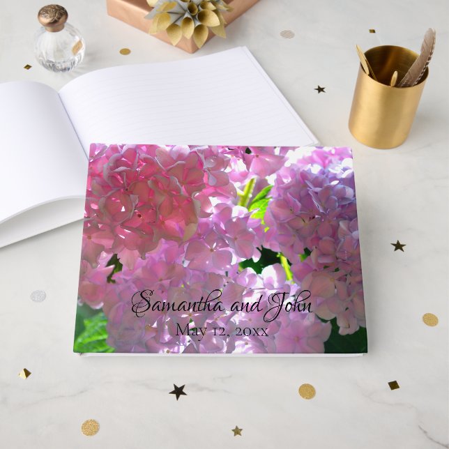 Beautiful pink floral hydrangeas guest book (Front Open)