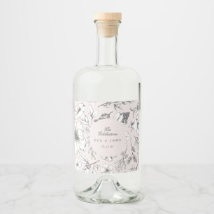 Beautiful Pink Floral Monogram Sketched Wedding Liquor Bottle Label