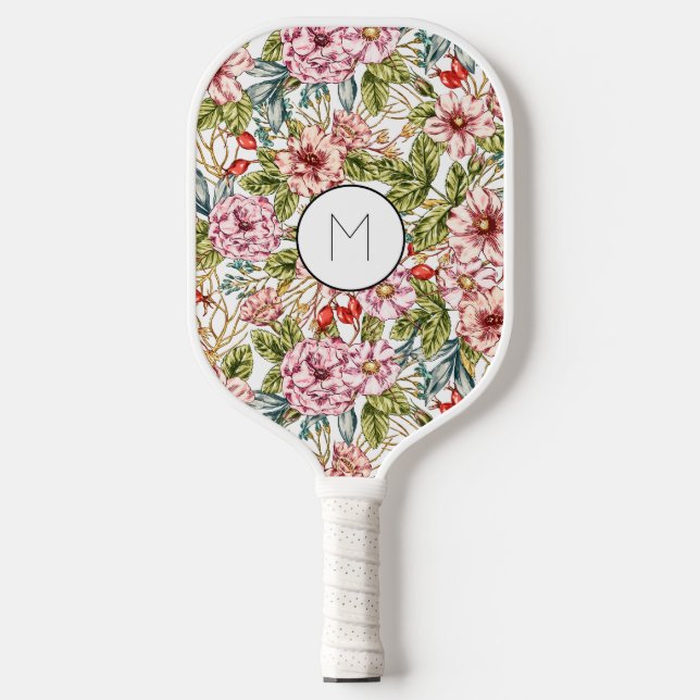 Beautiful pink floral pattern pickleball paddle (Front)