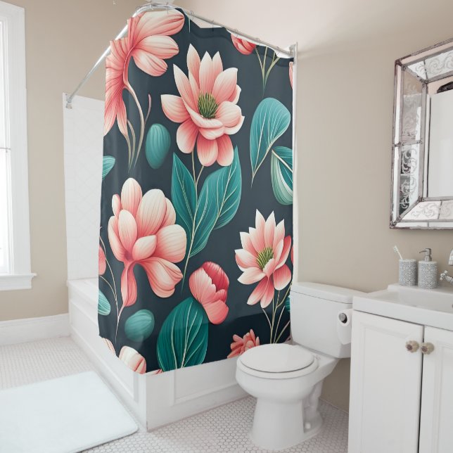 Beautiful Pink Floral Pattern Shower Curtain (In Situ)
