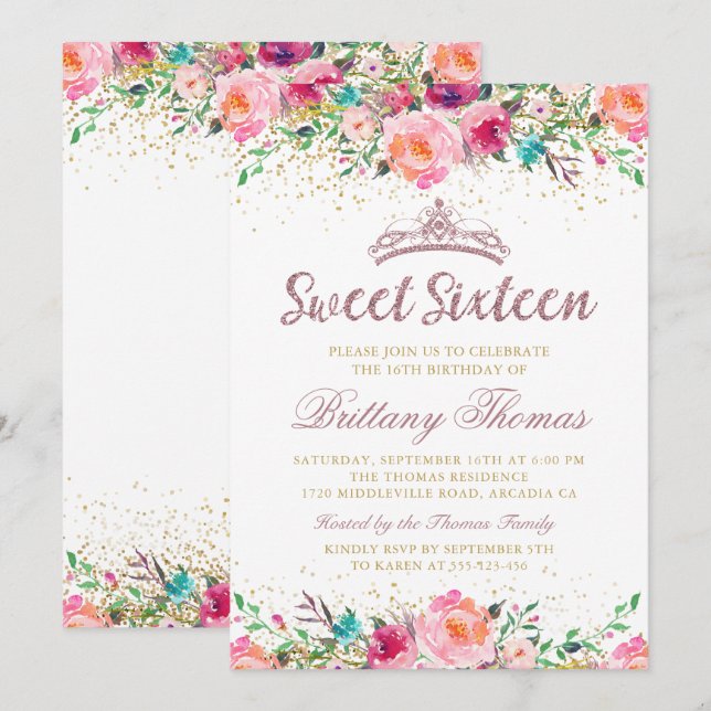 Beautiful Pink Floral Sweet Sixteen 16 Birthday Invitation (Front/Back)
