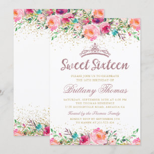 Beautiful Pink Floral Sweet Sixteen 16 Birthday Invitation
