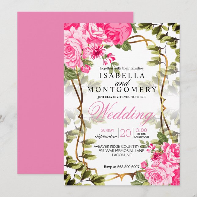 Beautiful Pink Floral Wedding Invitation (Front/Back)