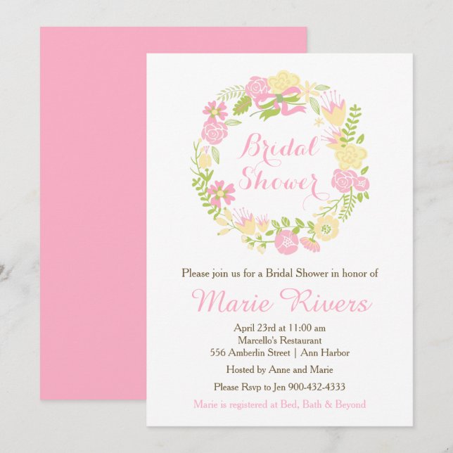 Beautiful Pink Floral Wreath Bridal Shower Invitation (Front/Back)