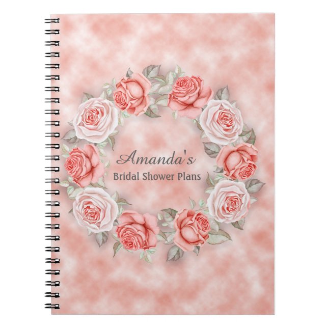Beautiful Pink Floral Wreath Bridal Shower Plans Notebook (Front)