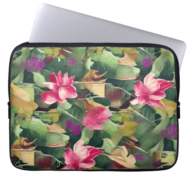 Beautiful Pink Flower and Tropical Leaf Pattern  Laptop Sleeve (Front)