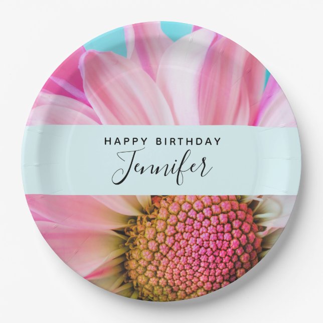 Beautiful Pink Flower Close Up Photo Birthday Paper Plate (Front)