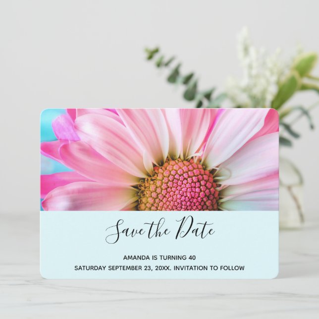 Beautiful Pink Flower Close Up Photo Birthday Save The Date (Standing Front)