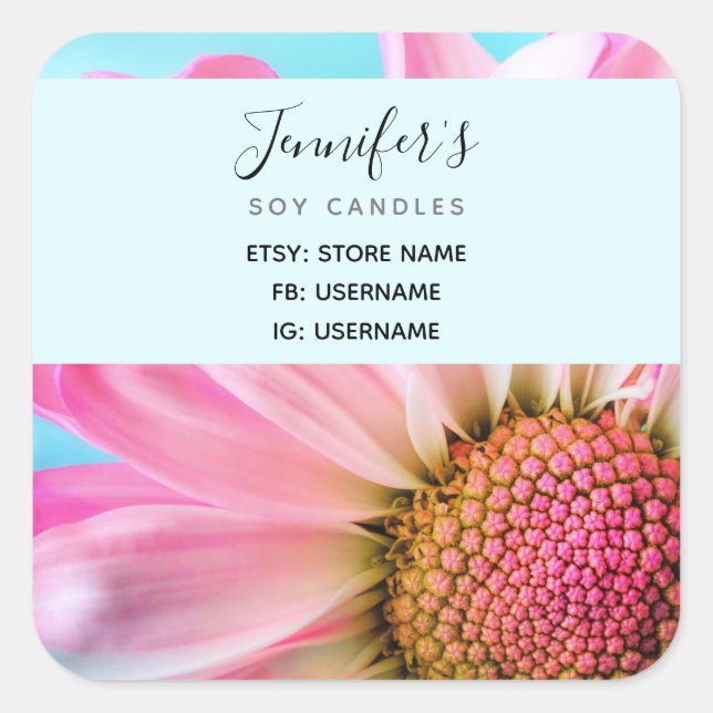 Beautiful Pink Flower Close Up Photo Business Square Sticker (Front)