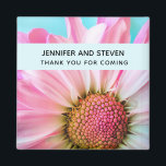 Beautiful Pink Flower Close Up Photo Wedding Magnet<br><div class="desc">Wedding thank you magnet with a vibrant pink and white flower. Close up photograph of this enchanting flower really grabs your attention.
A pastel blue strip with your personalised text inside.</div>