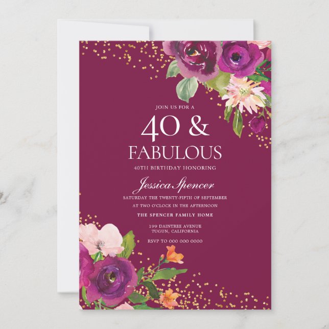 Beautiful Pink Flowers 40th Birthday Party Invitation (Front)