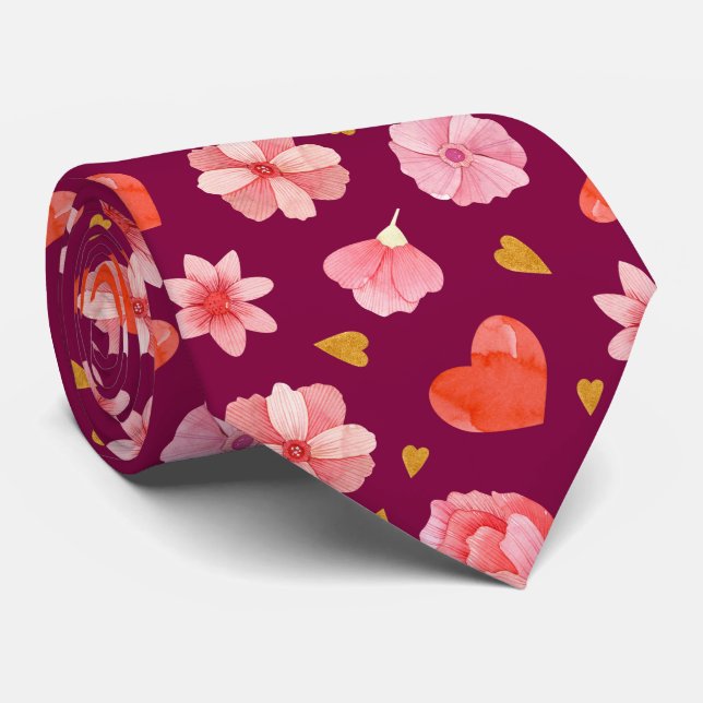 Beautiful Pink Flowers and Hearts  Tie (Rolled)
