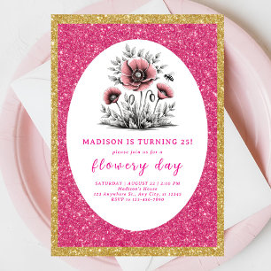 Beautiful pink flowers birthday invitation