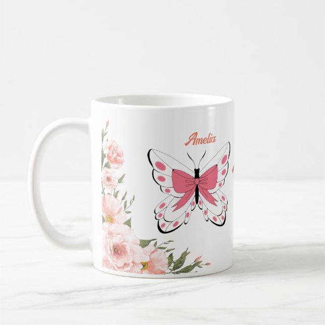 Beautiful Pink Flowers Butterflies Name Monogram  Coffee Mug (Left)