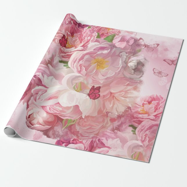 Beautiful pink flowers garden wrapping paper (Unrolled)