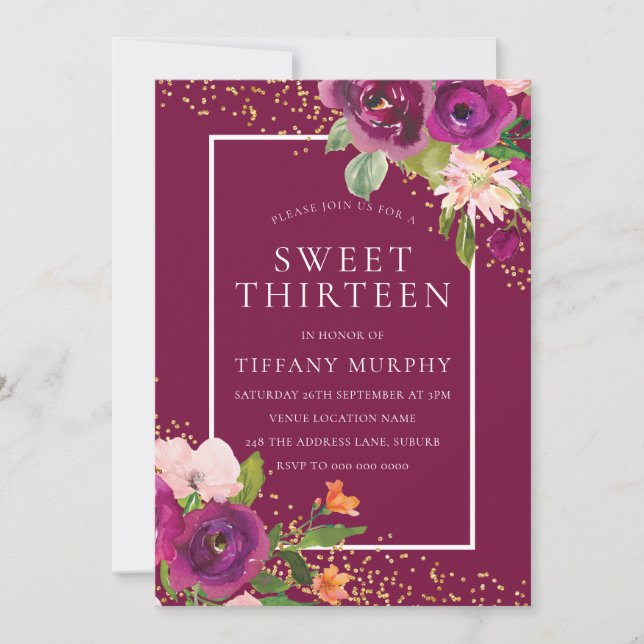 Beautiful Pink Flowers Girls 13th Birthday Party Invitation (Front)