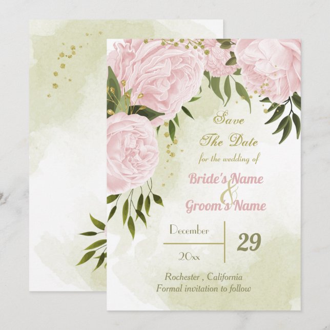 beautiful pink flowers green leaves botanical save the date (Front/Back)