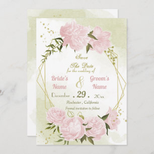beautiful pink flowers green leaves geometric save the date