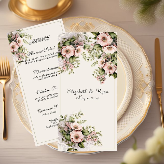 Beautiful Pink Flowers Greenery Vines Menu (Creator Uploaded)