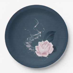 Beautiful pink flowers & navy leaves paper plate
