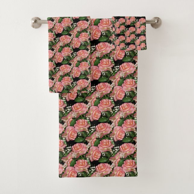 Beautiful Pink Flowers on Black Bath Towel Set (Insitu)
