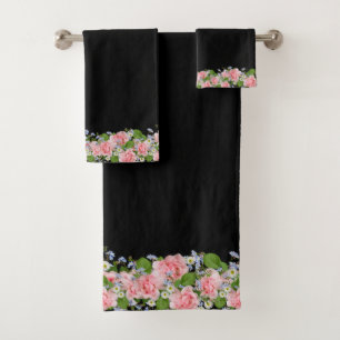 Beautiful Pink Flowers on Black Bath Towel Set