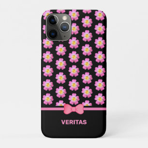 Beautiful pink flowers on black & text name iPhone 11 pro case