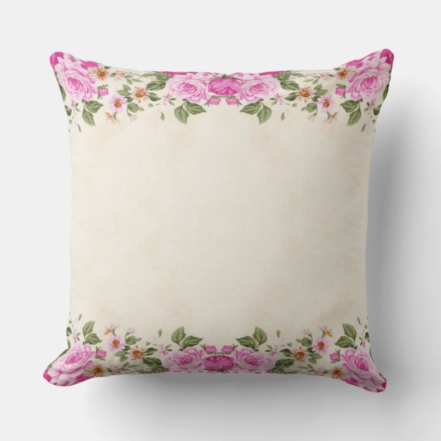 Beautiful pink flowers on light champagne beige cushion (Front)