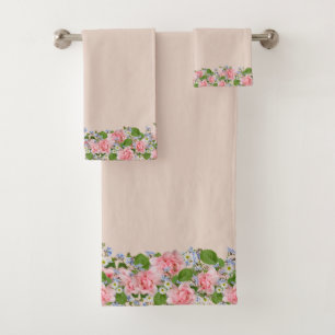 Beautiful Pink Flowers on Light Sand Beige Bath Towel Set