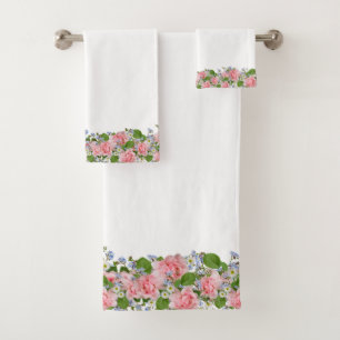 Beautiful Pink Flowers on White Bath Towel Set
