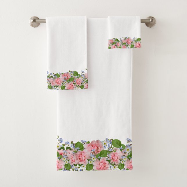 Beautiful Pink Flowers on White Bath Towel Set (Insitu)