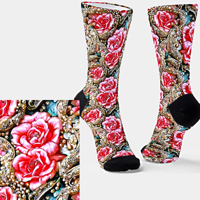 Beautiful Pink Flowers & Pearls Metallic 3D Effect Socks (Creator Uploaded)