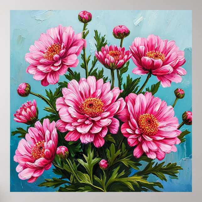 Beautiful Pink Flowers With Green Leaves Poster (Front)