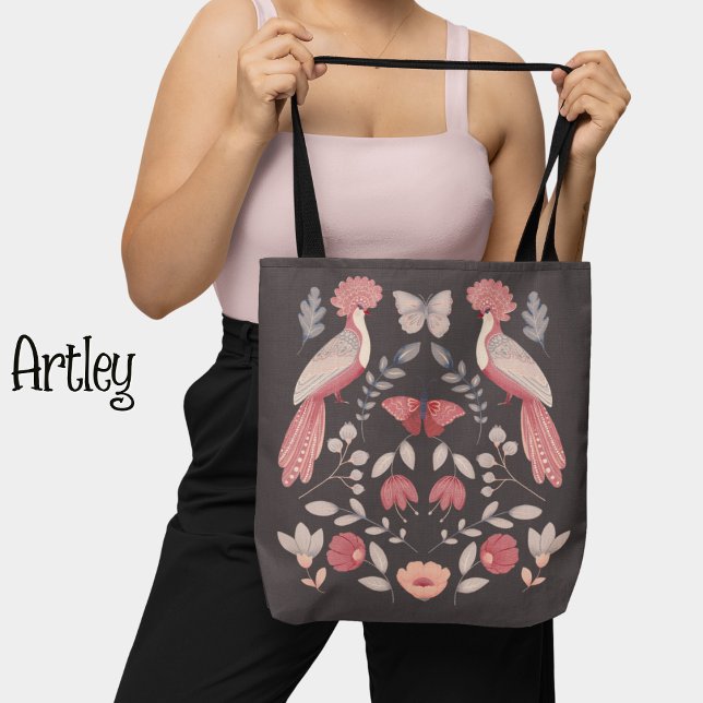 Beautiful pink folk art peacock floral tote bag (Creator Uploaded)