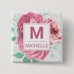Beautiful Pink Garden Roses Monogram 15 Cm Square Badge
