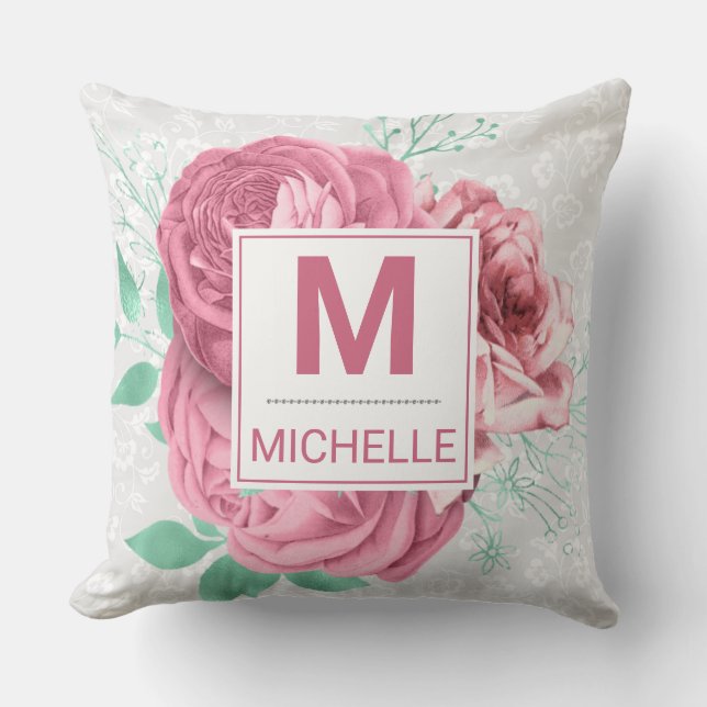 Beautiful Pink Garden Roses Monogram Cushion (Front)