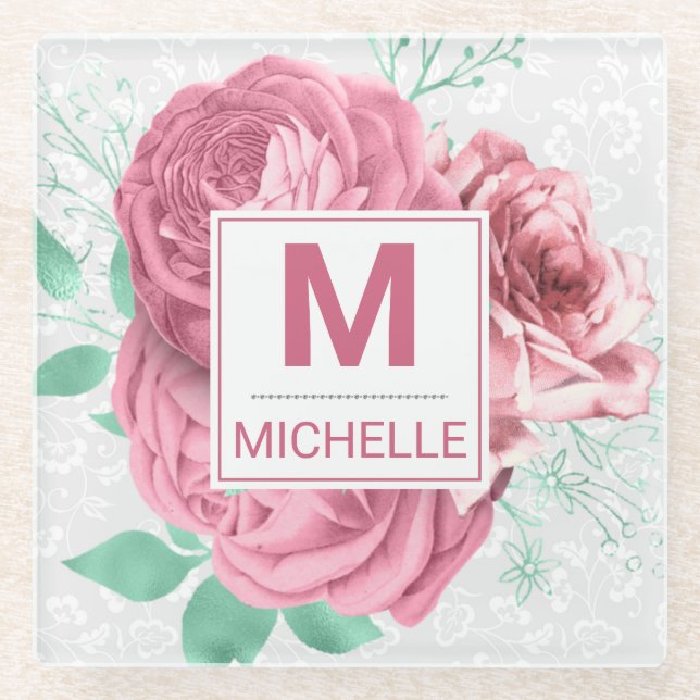 Beautiful Pink Garden Roses Monogram Glass Coaster (Front)