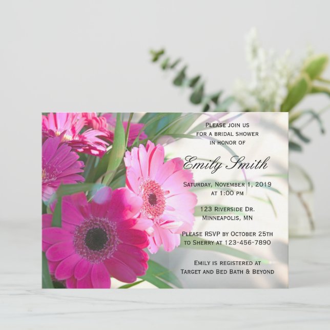 Beautiful Pink Gerbera Daisy Floral Bridal Shower Invitation (Standing Front)