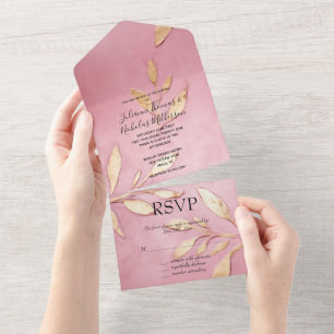 Beautiful Pink Glam Gold Leaves All In One Invitation