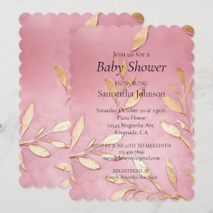Beautiful Pink Glam Gold Leaves Baby Shower Invitation