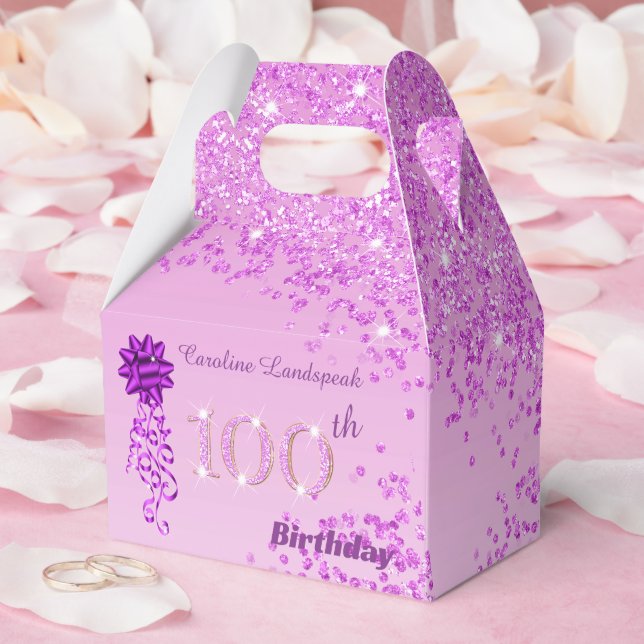 Beautiful Pink Glitter & Ribbon 100th Birthday  Favour Box (Wedding)