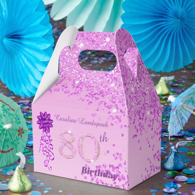 Beautiful Pink Glitter & Ribbon 80th Birthday  Favour Box (Party)