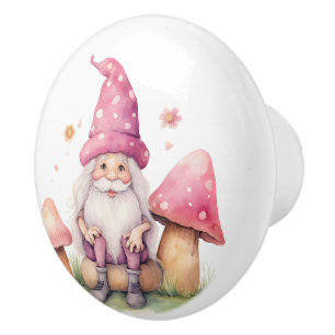 Beautiful Pink Gnome and Toadstools Ceramic Knob