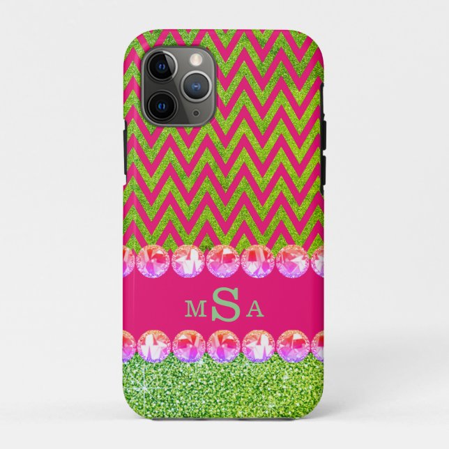 Beautiful Pink Green Chevron Glitter Bling Elegant Case-Mate iPhone Case (Back)